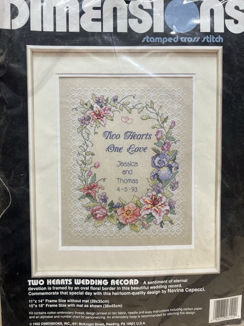 Dimensions Stamped Cross Stitch Kit Two Hearts Wedding Record 11" x 14 " NEW